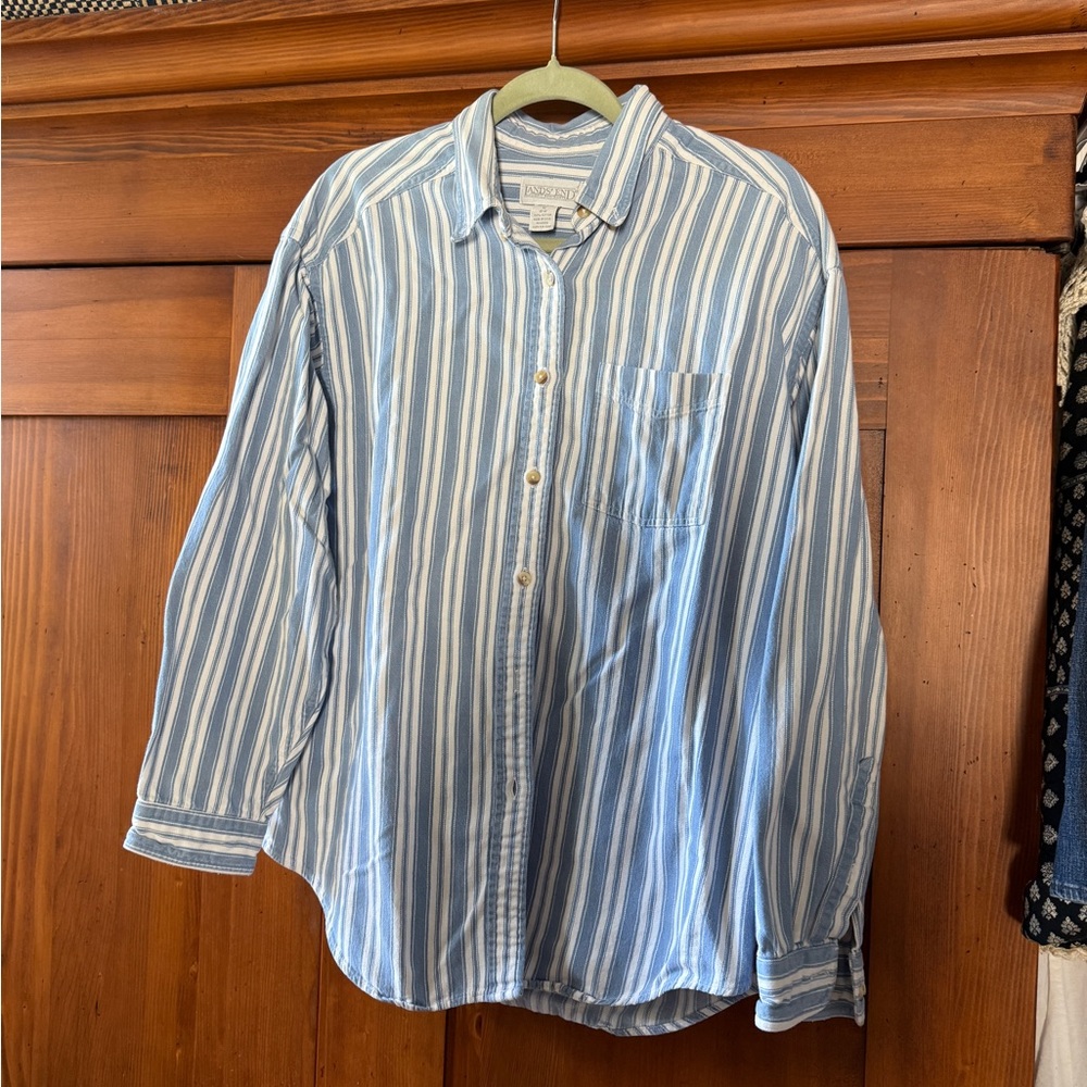 Vintage 90s Lands' End Blue and White Striped Button Down Shirt